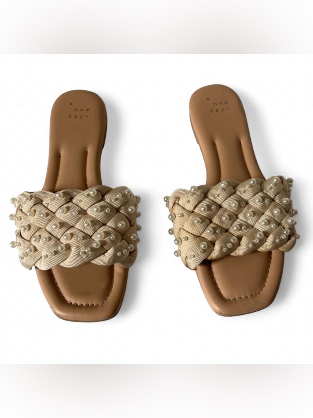 A New Day Carissa Pearl Woven Slide Sandals Cream Braided Strap Size 6 - Picture 2 of 8